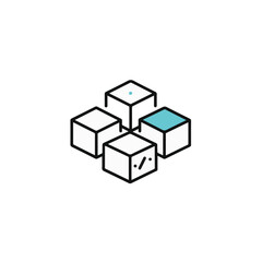 Simple, minimalist design of four cube shapes, with one highlighted in cyan color.