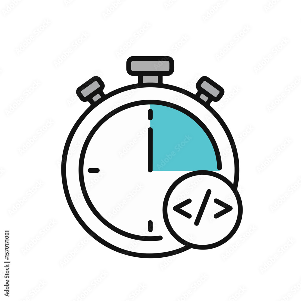 Poster stopwatch with code icon, indicating time management in programming.
