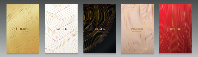 Luxury vector background set with elegant gold lines. Includes golden, white, black, pinkish, and rouge colors. Perfect for invitations, packaging, branding, and high-end design projects.