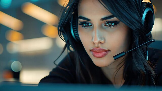 Concentrated gaze: A portrait of a focused woman with a headset, embodying digital connectivity and concentrated intent. Emphasizing focus, technological interaction, and thoughtful engagement.