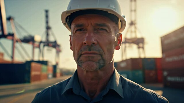 A hyper-realistic, cinematic, slow-motion video of a mid age prestigious engineer, using aviator glasses, supervising port infraestructure, with state-of-the-art maritime crane equipment, at a maritim