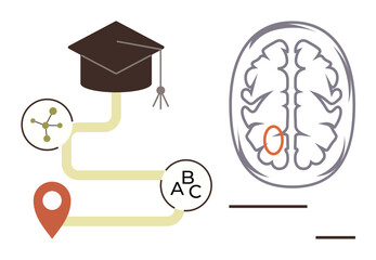 Graduated cap, navigation path, molecular structure, learning alphabet, brain diagram. Ideal for education, cognition, neuroscience, learning process academic journey skill development simple flat