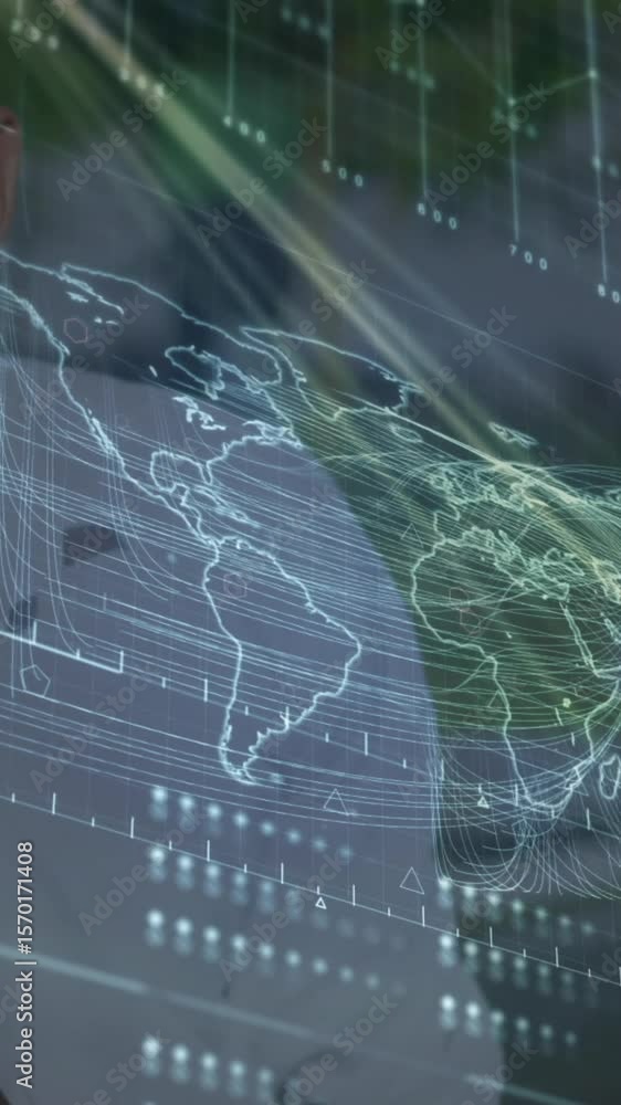 Poster Animation of data processing over man using smartphone