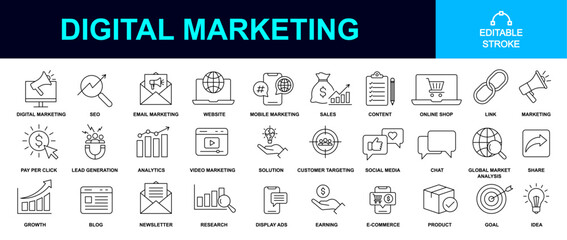 Digital marketing icon set. eps editable line icons including website, seo, email marketing, content, target audience, social media, sales, newsletter, sales, ppc, lead generation, ecommerce, goal etc