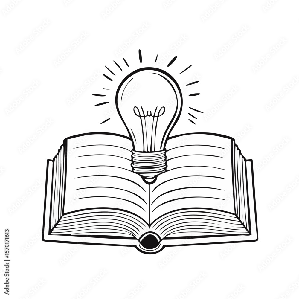 Poster idea generation symbol showing lightbulb atop open book for educational or creative concepts learnin