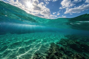 Sunlit ocean surface and underwater seabed image
