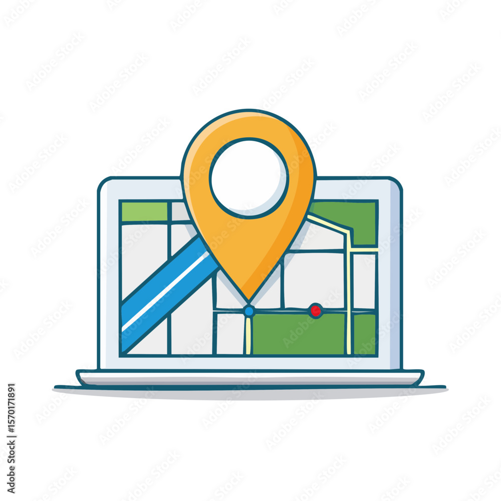 Poster online navigation on laptop screen displaying map with location pin
