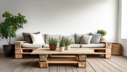 cozy seating area featuring a pallet sofa with cushions a rustic wooden coffee table decorative plants and a white background creating a relaxed and inviting atmosphere