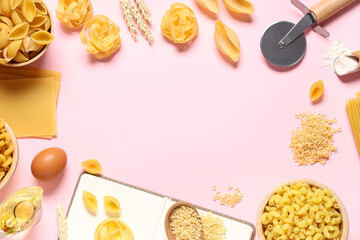 Frame made of bowls with different types of raw pasta and ingredients on pink background