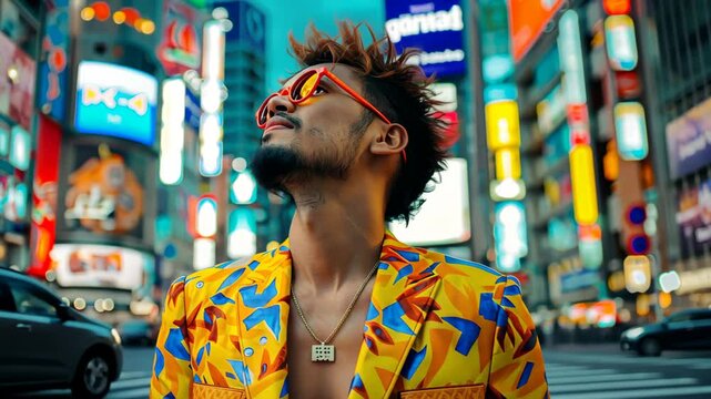 City Explorer: A fashionable individual, sporting vibrant attire and sunglasses, navigates a bustling urban environment, capturing a sense of exploration and modern vibrancy.