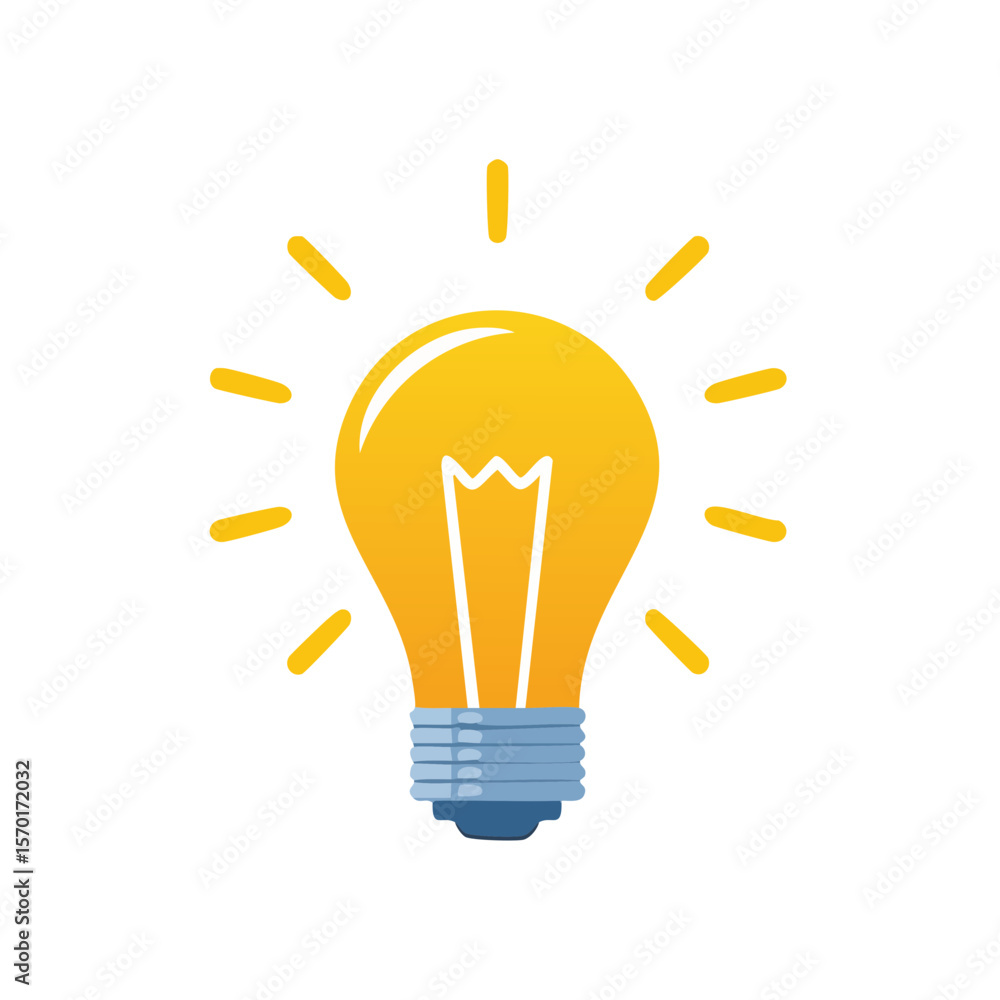 Poster yellow lightbulb icon shining with rays on dark background - idea generation concept