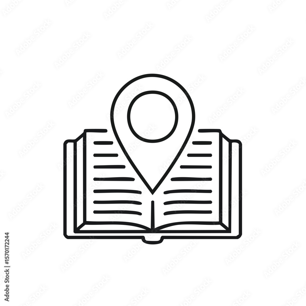 Aufkleber open book and map pin outline icon learning and travel concept. guidance reading education destinati