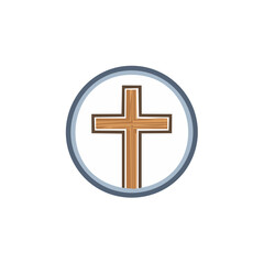 Obraz premium Christian cross icon in white circle against a black backdrop, featuring a wooden texture and brown outline.