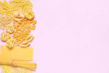 Composition with different types of raw tasty pasta on pink background