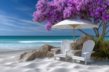 Two white chairs sit on a sandy beach, shaded by a large umbrella. A blooming purple tree stands nearby, creating a serene summer atmosphere by the ocean