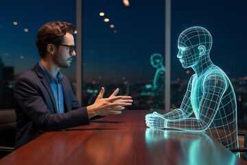 Businessman having conversation with humanoid hologram in modern office, representing technology, artificial intelligence and future work.