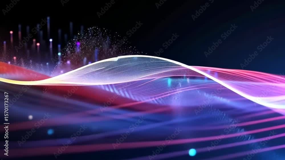 Poster digital symphony: abstract digital artwork, showcasing vibrant, flowing lines and particles, with a 
