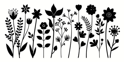 Collection of black silhouette wildflowers and botanical elements isolated on white background