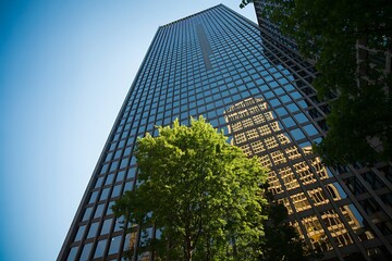 Towering skyscraper reaches toward clear blue skies, reflecting urban architecture and green trees on a bright sunny day.