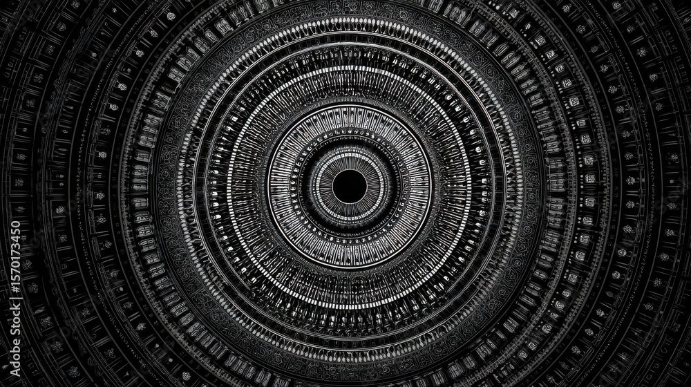 Poster a mesmerizing circular design featuring intricate patterns and a central dark void captivates attent