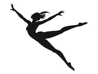 Graceful silhouette of a female dancer in mid leap with arms extended and legs apart isolated on white background