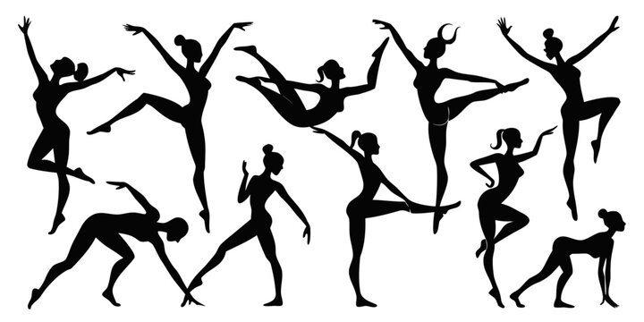 Collection of elegant female ballet dancers in various graceful poses isolated on white background