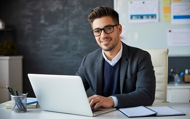 Smiling businessman works on his laptop at his office desk, managing daily tasks and communicating with his team.