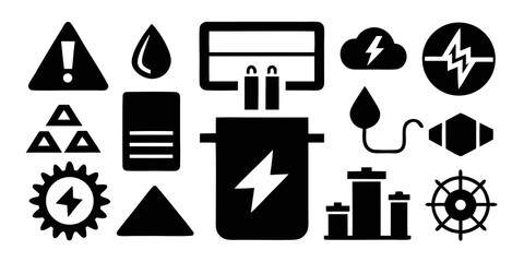 Collection of black energy and warning icons including lightning water drop and power generation symbols isolated on white background