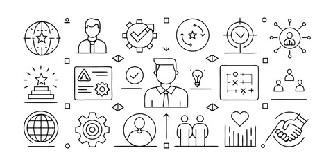 Collection of business and management icons representing strategy success and teamwork isolated on white background