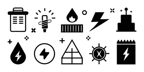 Collection of energy and power icons including lightning bolts water drop and fire symbol isolated on white background