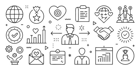 Collection of business and success icons representing growth achievement and teamwork isolated on white background
