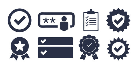 Collection of modern dark blue icons representing approval verification security and checklist items isolated on white background