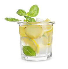 Glass of fresh lemon infused water with ginger and basil leaves on white background