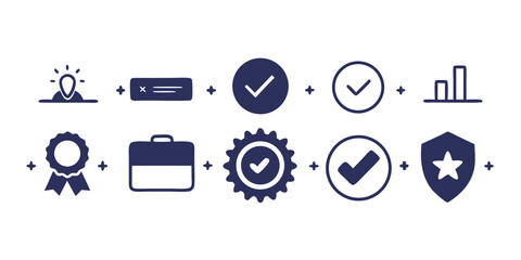 Collection of dark blue business and success icons representing ideas achievements and quality isolated on white background