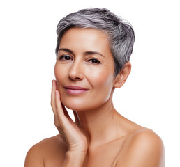 Senior woman with short gray hair touching her face and smiling showing confidence and healthy skin care on transparent background. 
