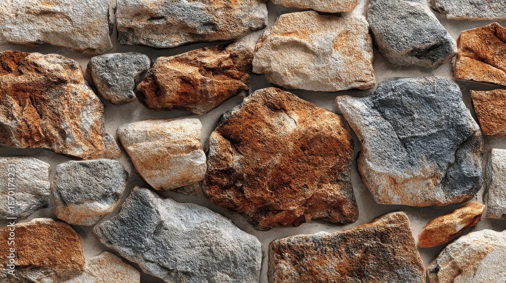 Poster a close-up view of a stone wall featuring an array of textures and colors. the arrangement includes 
