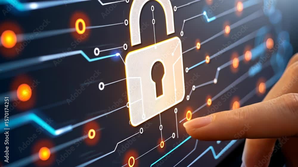 Poster digital security: the image captures a digital lock symbol on a screen, as a hand interacts with the