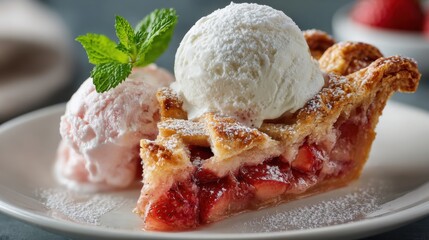 A slice of strawberry pie sits on a white plate alongside scoops of vanilla ice cream and pink strawberry ice cream. Fresh mint leaves garnish the dessert, enhancing its appealing presentation.