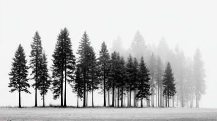 Fototapeta premium Tall evergreen trees stand in a misty landscape, their silhouettes contrasting against a cloudy sky. The atmosphere is serene and tranquil, evoking a sense of calm during early morning.