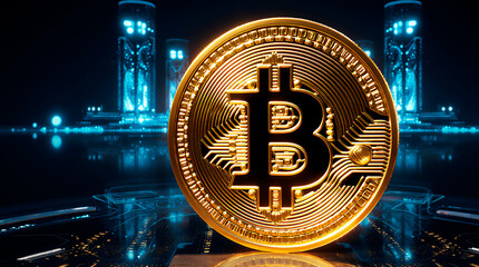 Digital cryptocurrency mining. Vector illustration. Golden coin with bitcoin symbol.
