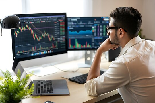 Man analyzes stock market data on multiple screens in home office, focused on financial trends and investment opportunities. - Powered by Adobe