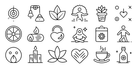 Collection of wellness and self care icons representing health and balance isolated on white background