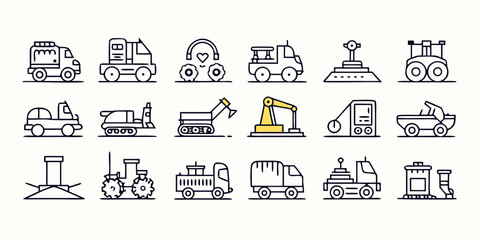 Collection of industrial and construction vehicle icons with yellow accents isolated on white background