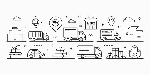 Collection of delivery and logistics icons including trucks cars buildings and packages isolated on white background