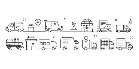 Collection of delivery and logistics icons featuring trucks gifts and people isolated on white background