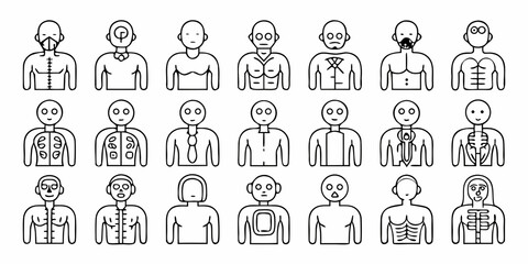 Collection of stylized human body icons with internal organs and medical elements isolated on white background