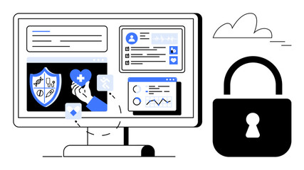 Desktop monitor displaying health data, security shield, charts, and profile icons with a padlock symbolizing secure health data. Ideal for cybersecurity, medical data, healthcare, privacy