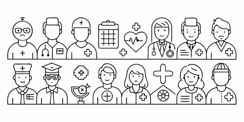 Collection of diverse medical professionals and healthcare icons isolated on white background