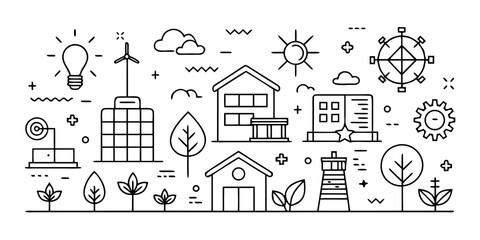 Collection of eco friendly technology and sustainable living icons in a line art style isolated on white background