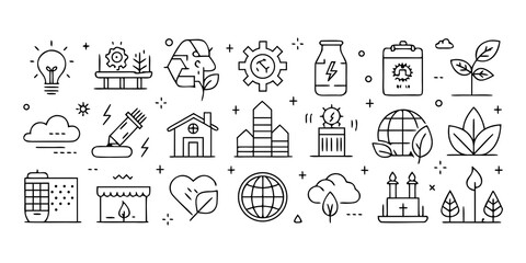 Collection of eco friendly energy and sustainability icons isolated on white background